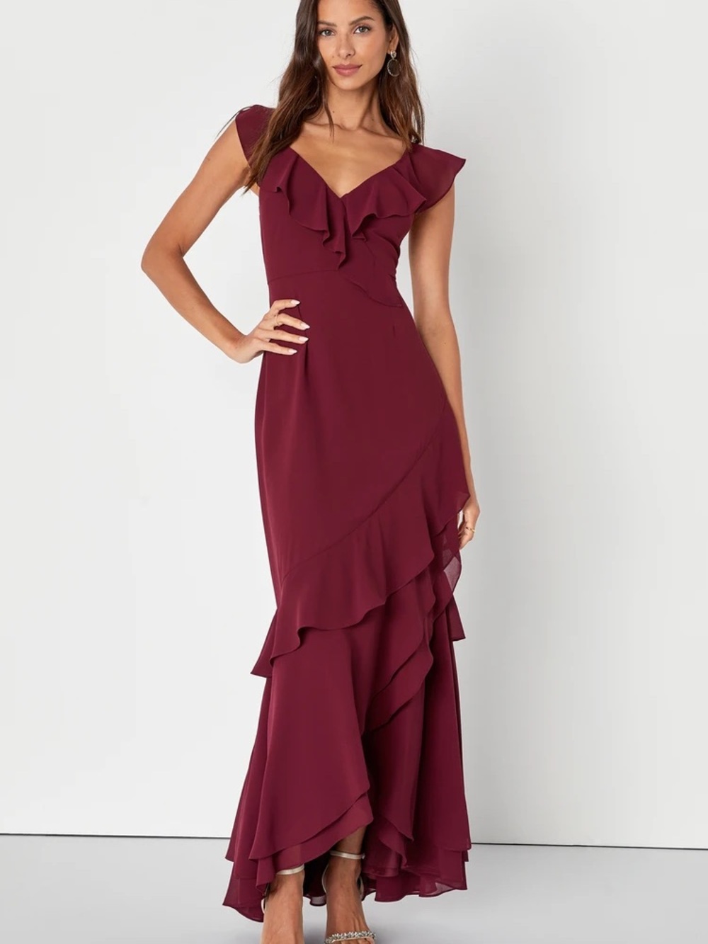 NWT Lulus Charming Event Burgundy Asymmetrical Ruffled Maxi Dress